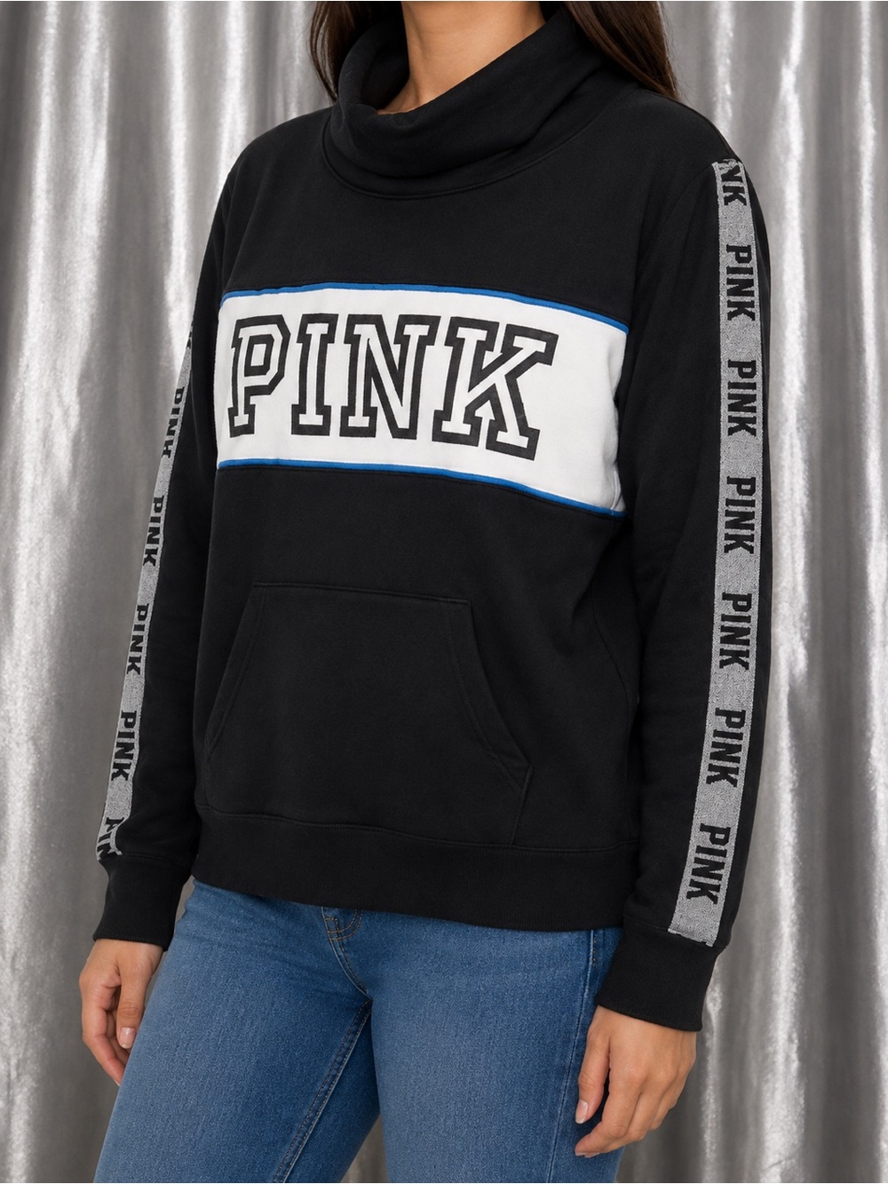 Victoria’s Secret PINK Sweatshirt Women’s XS Black Logo Tape Funnel Neck